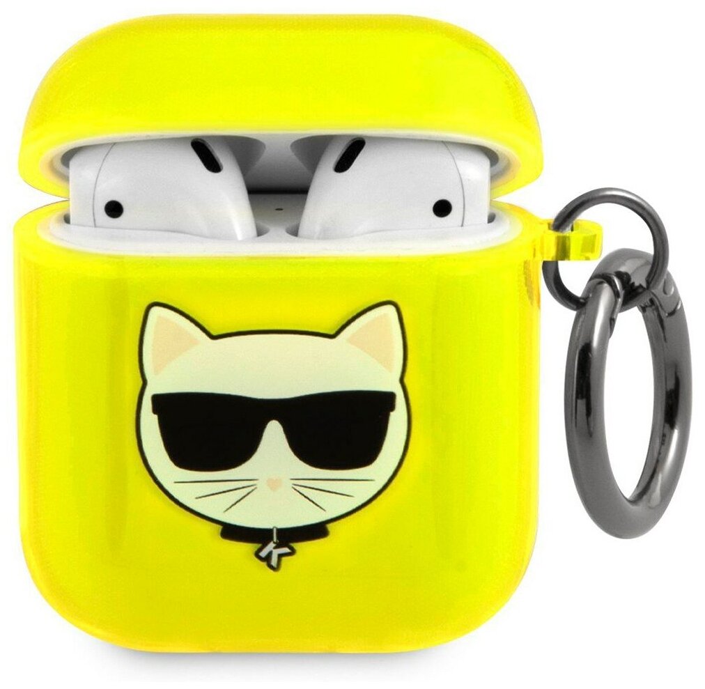 Lagerfeld для Airpods 1/2 чехол TPU FLUO with ring Choupette Transp Yellow