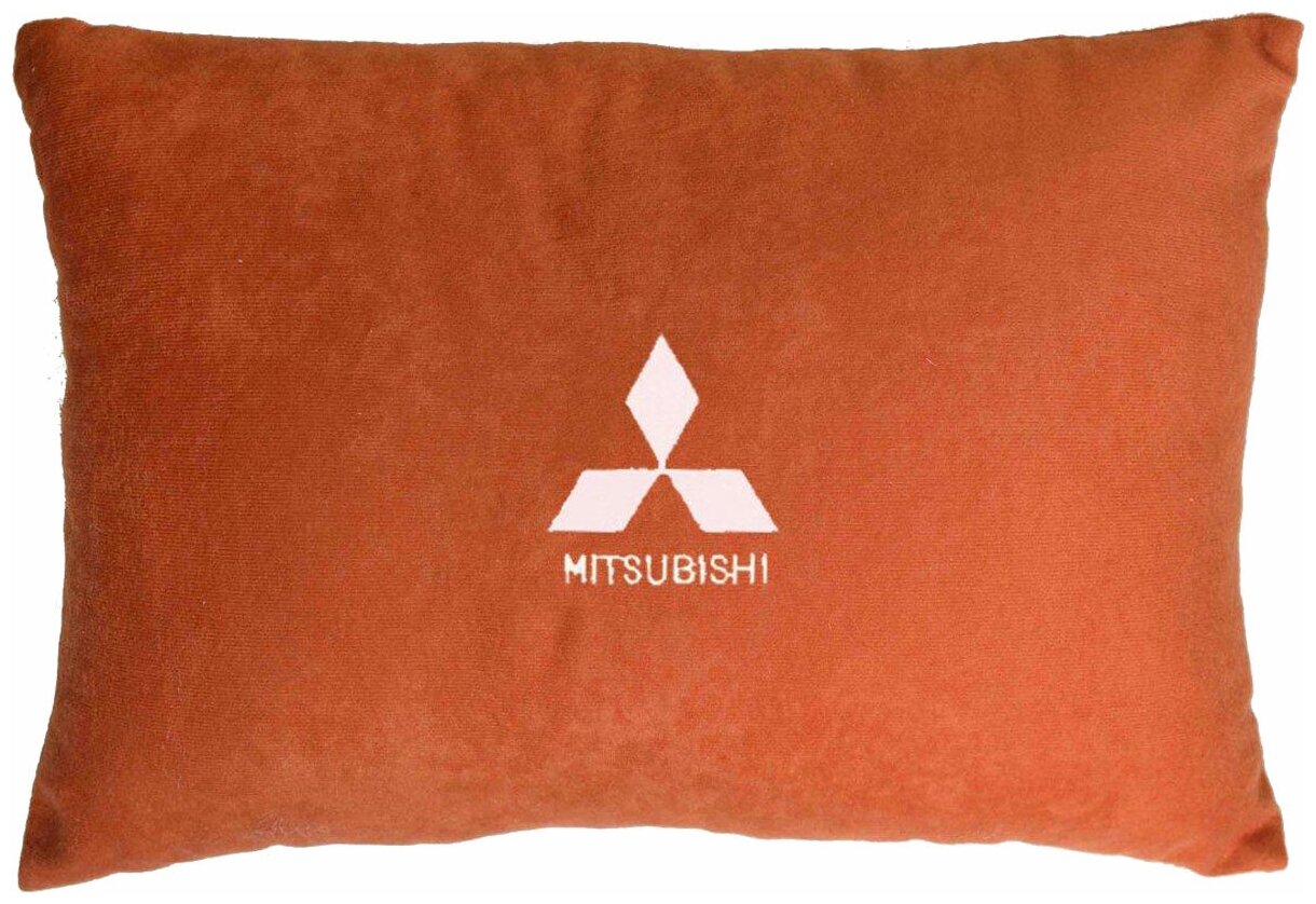 Декоративная подушка из велюра в салон автомобиля с логотипом (митсубиси) "Mitsubishi",/подушка в салон под спину/подушка для путешествий/, бордовый