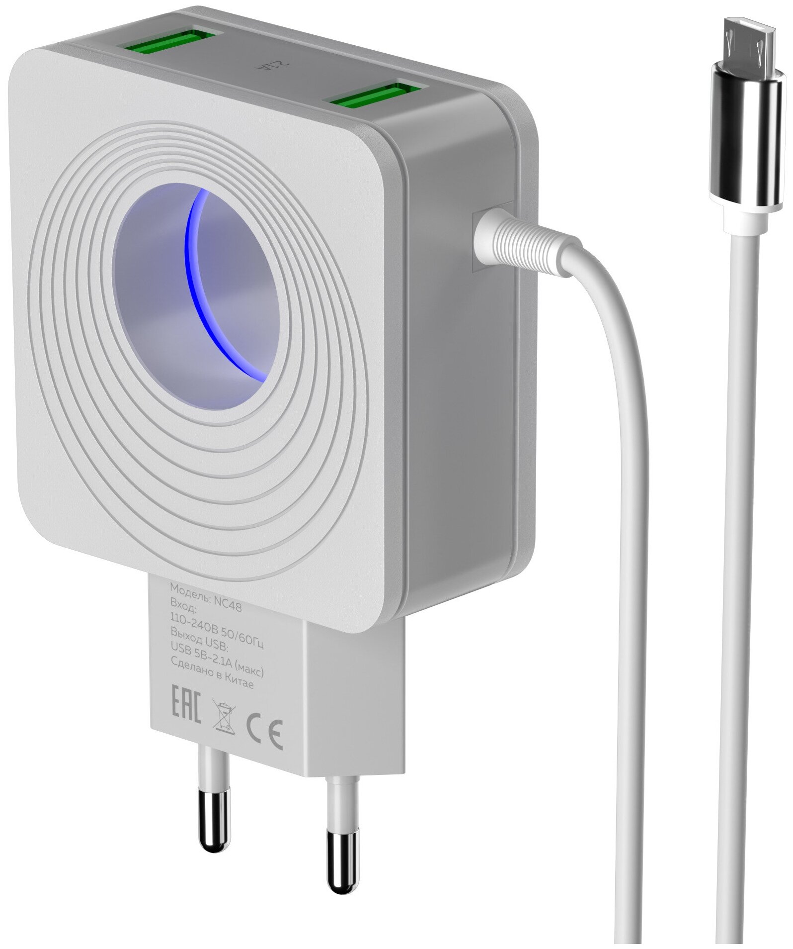 Зарядное устройство сетевое More Choice 2*USB 2.1A для Type-C со встроенным кабелем и LED подсветкой White - фото №1