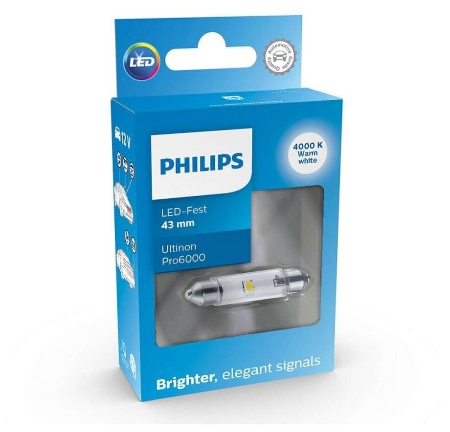 Сигнальная лампа PHILIPS C5W (SV8.5/8) LED 43мм White Ultinon Pro6000 4000K 100лм 12V, 1шт