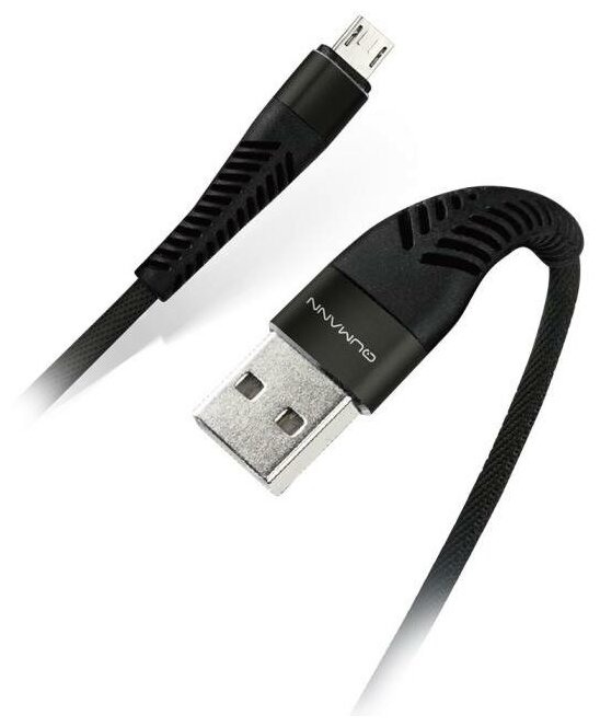 Кабель Qumann micro USB 1м 2,1А ткан. оплётка гибкий коннектор черный