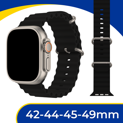 Силиконовый ремешок Ocean Band на смарт часы Apple Watch 1-9, SE, Ultra 42-44-45-49 мм / Браслет для Эпл Вотч 1-9, СЕ, Ультра / Черный