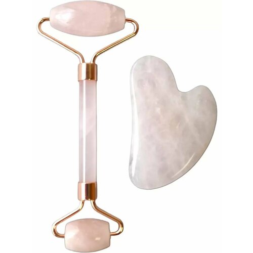 Подарочный массажный набор ролик и скребок гуаша для лица розовый кварц