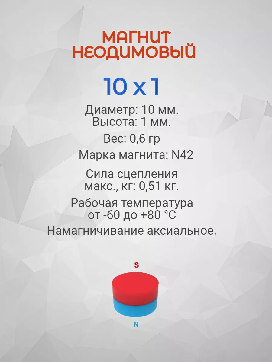Магнит неодимовый 10х1 - 100шт. — фото 1