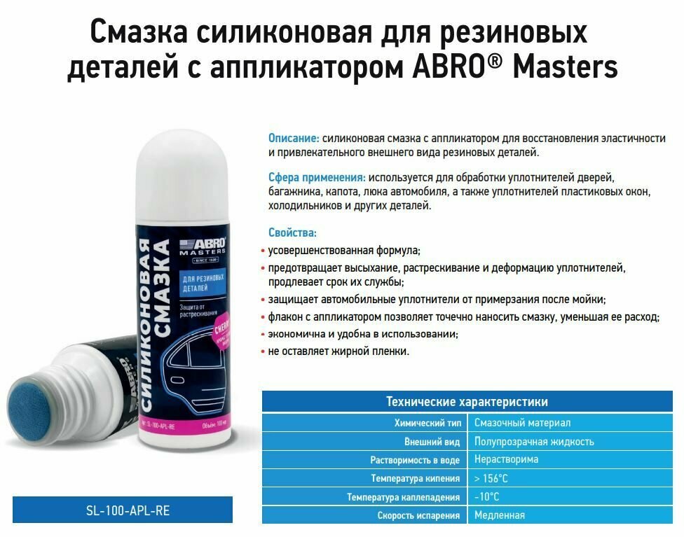 Смазка силиконовая для резиновых деталей с аппликатором (100 мл) ABRO MASTERS SL100APLRE — фото 1