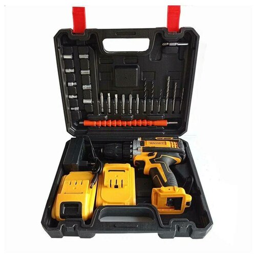 Дрель-шуруповерт 26V кейс два аккумулятора Li-on набор насадок бренд MAGNET Жёлтый кейс 650000₽