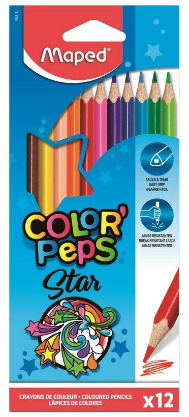 Карандаши цветные Maped COLOR'PEPS STAR, трехгранные, дерево,12цв/наб,183212