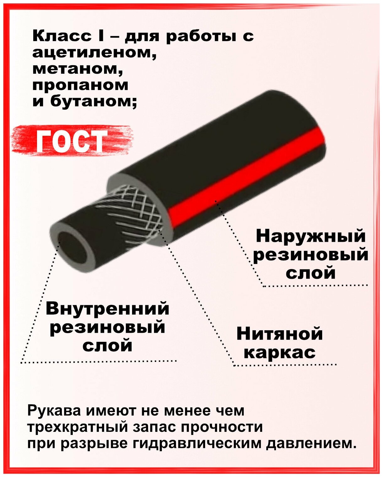 Картинки Шланг/рукав газовый пропановый ГОСТ 9356-75 d-6,3мм 8метров пропан , ацетилен, бутан, городской газ ( I класс -6.3-0.63МПа )
