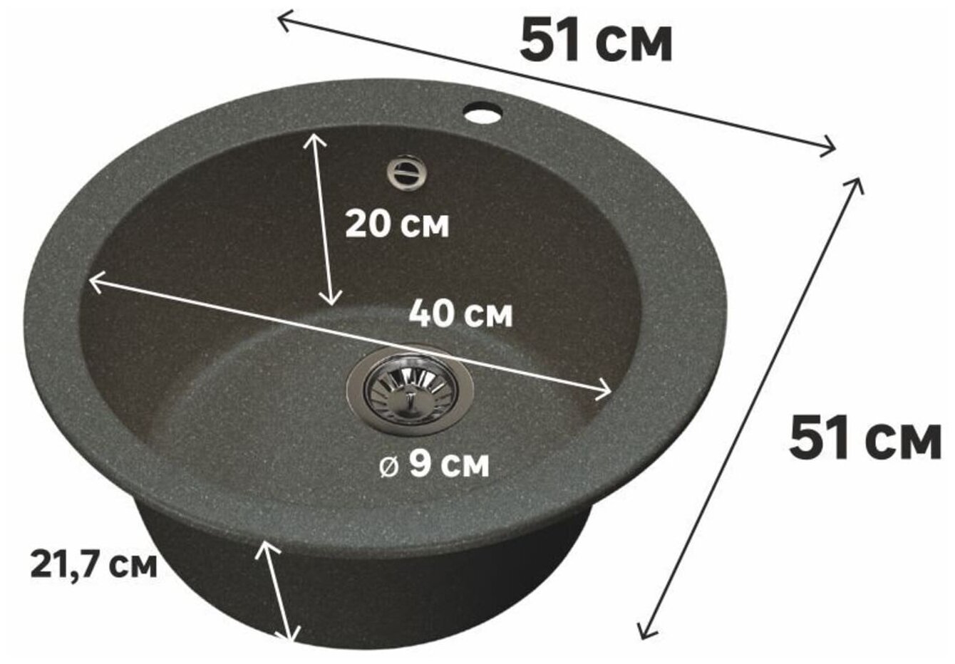 Мойка врезная DELINIA круглая 51x51 см глубина 20 см кварц цвет чёрный - фотография № 4