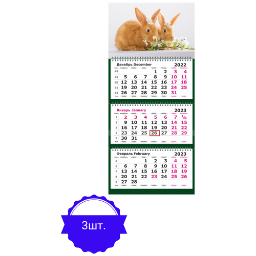 Календарь настенный 3-х блочный,2023,305х675,Символ года Кролики 3 штуки
