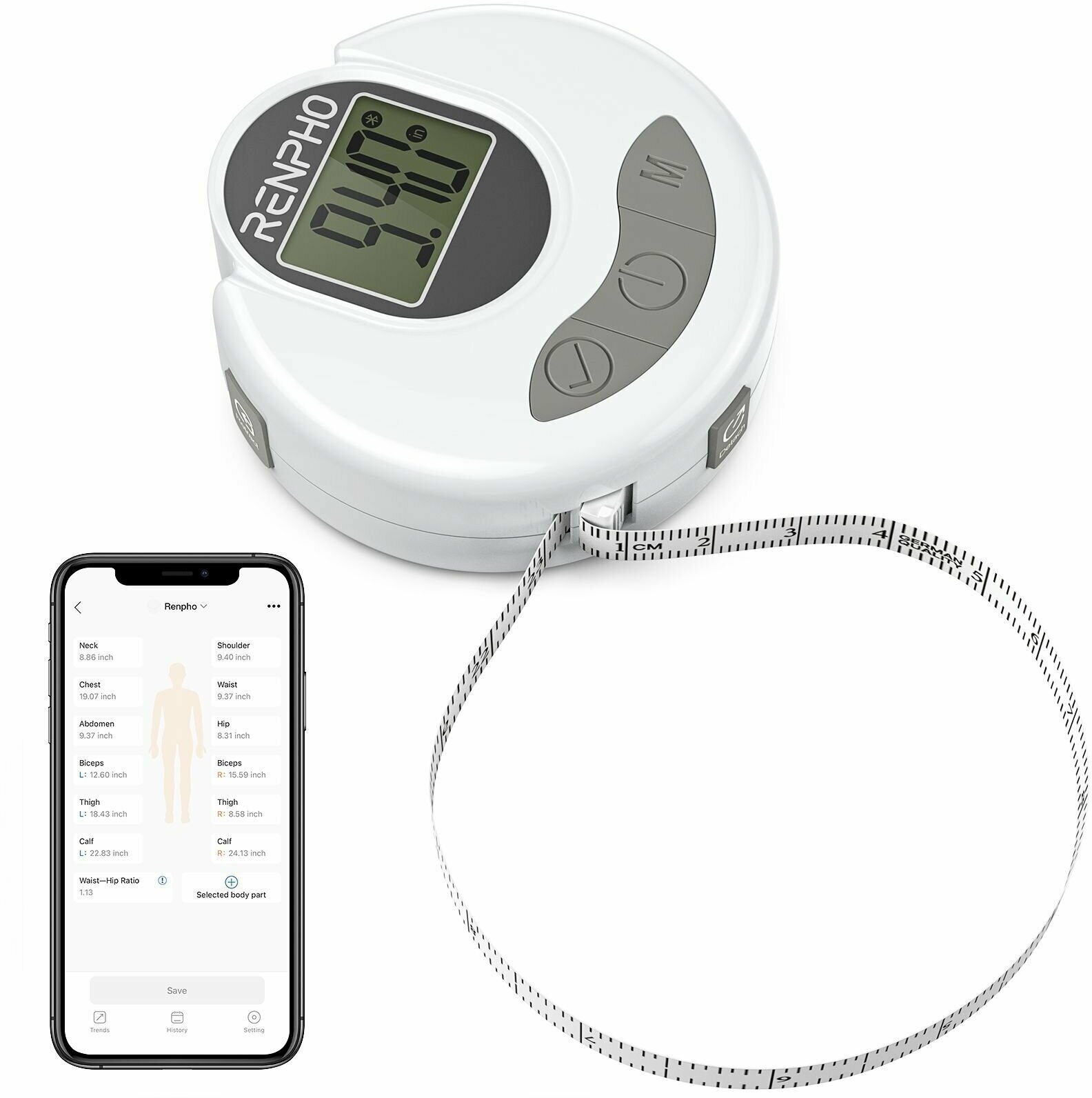 Рулетка электронная лента RENPHO Smart Tape Measure R-Y001 для измерения обхвата, спортивная, ЖК-дисплей, приложение, белая - фотография № 1