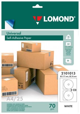 Самоклеящаяся бумага LOMOND универсальная для этикеток, A4, 2 шт для CD/DVD (D117 / D18мм), 70 г/м2, 25 листов
