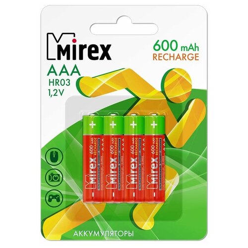 Аккумулятор Mirex, Ni-Mh, AAA, HR03-4BL, 1.2В, 600 мАч, блистер, 4 шт. mirex аккумулятор mirex ni mh aaa hr03 4bl 1 2в 600 мач блистер 4 шт