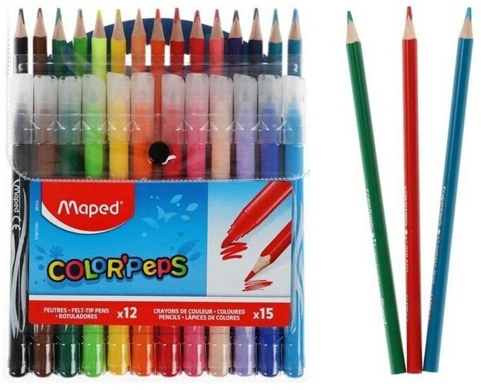 Набор для рисования Maped Color'Peps, 12 фломастеров (линия 2.8мм) + 15 цветных карандашей (897412)