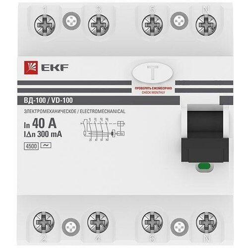 Выключатель дифференциального тока (УЗО) 4п 40А 300мА тип AC ВД-100 (электромех.) PROxima | код. elcb-4-40-300-em-pro | EKF (4шт. в упак.)
