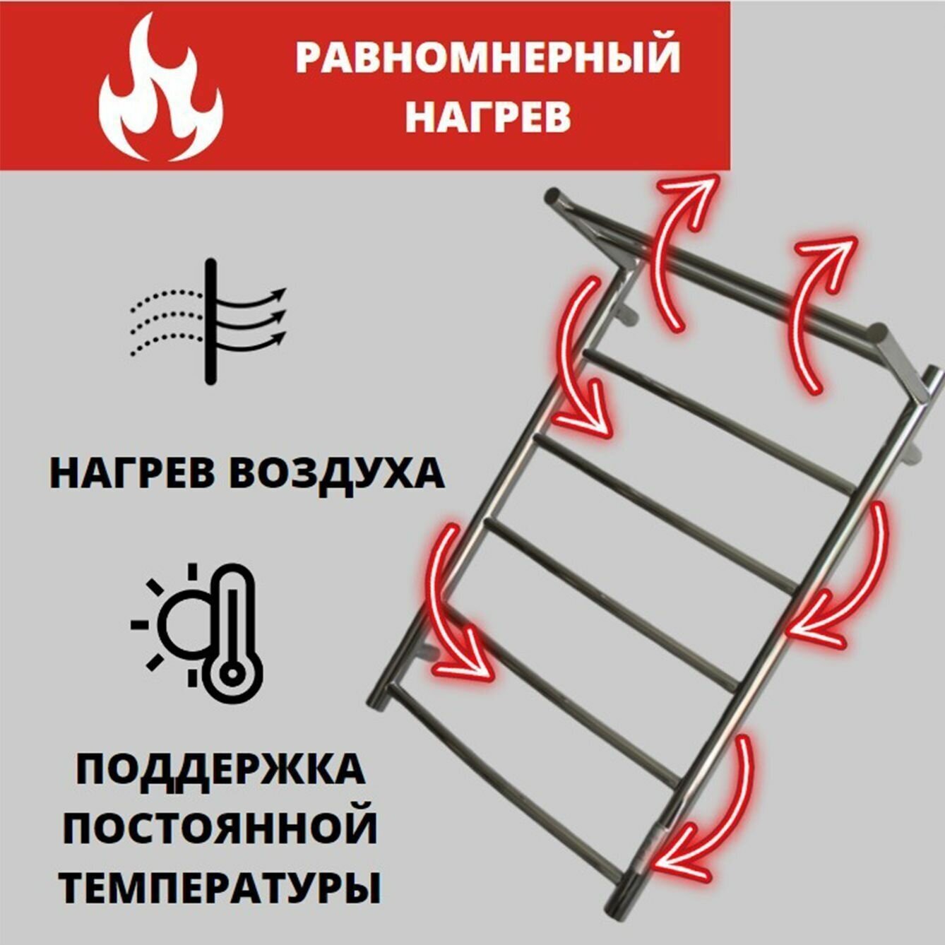 Полотенцесушитель электрический Status ПЭК сп 5 80 на 40 с полкой+крючки 2шт., хром, универсальное подключение, таймер - фотография № 3