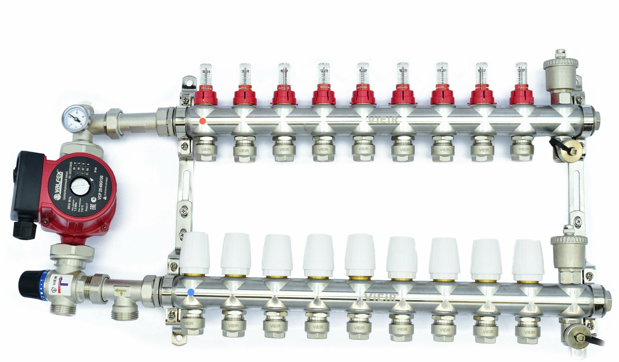 Комплект для тёплого пола на 9 контуров с насосом(Коллектор VR116-09AKN на 9 контуров, Насос циркуляционный , Евроконусы, Насосно-Смесительный узел VR204A)