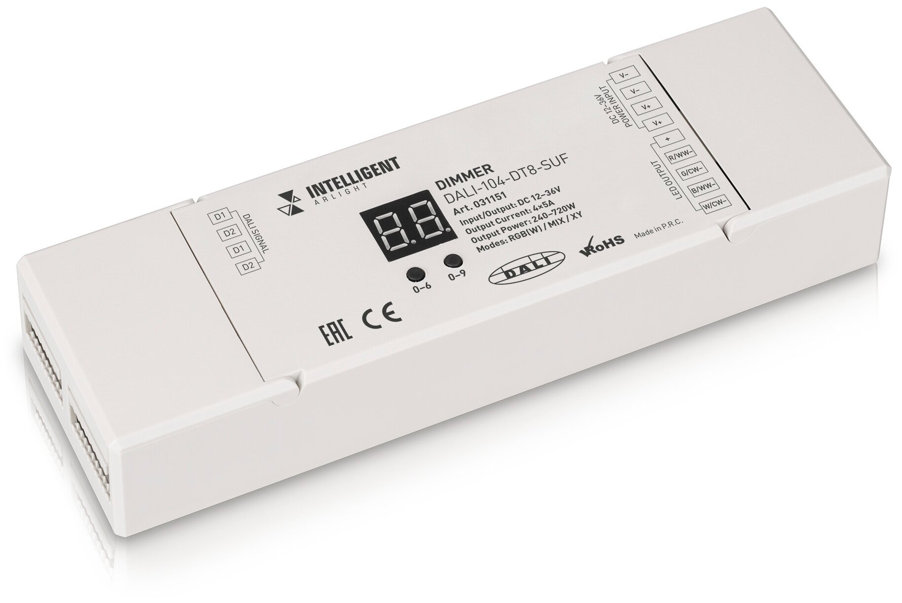 INTELLIGENT ARLIGHT Диммер DALI-104-DT8-SUF (12-36V, RGBW/MIX/XY, 4х5А) (IARL, IP20 Пластик, 3 года)