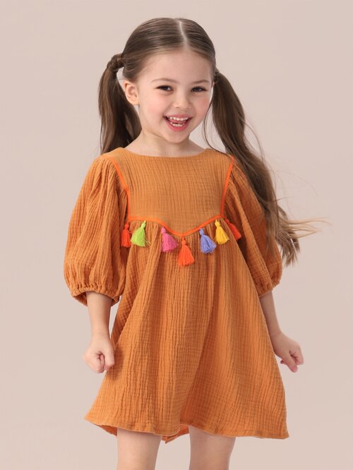 88132, Платье для девочки летнее Happy Baby платье муслиновое детское, хлопковое, с длинным рукавом, в полоску, полосатое, бежевое, размер 98-104