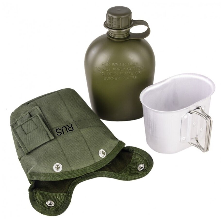 фото Армейская фляга (фляжка) пластиковая 1 литр в чехле с алюминиевым котелком цвет Олива (Olive)
