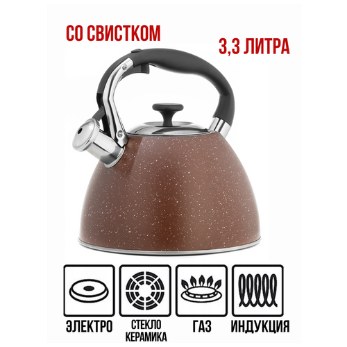 Чайник 3,3 литра, нержавеющая сталь, индукционное капсульное дно, свисток с кнопочным механизмом Чайник непрозрачный стальной для любого типа плит
