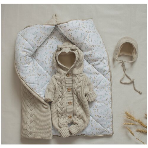 Комплект одежды  Мамины записки детский, одеяло и комбинезон и шапка, нарядный стиль, капюшон, без карманов, манжеты, размер 62, бежевый