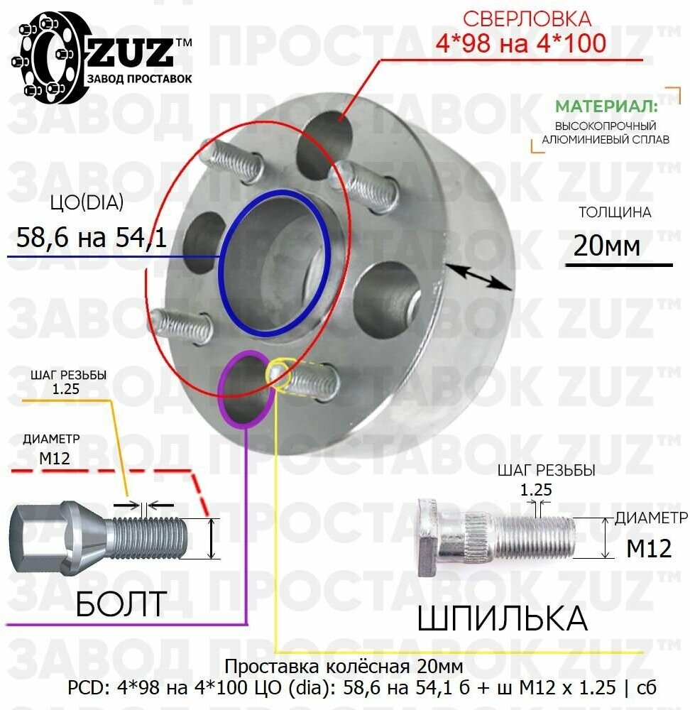 Проставка колёсная 1 шт 20мм 4*98 на 4*100 ЦО 58,6 на 54,1 Крепёж в комплекте Болт + Шпилька М12*1,25 ступичная с бортиком переходная адаптер для дисков 1 шт на ступицу 4x98 на 4x100