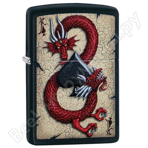 Оригинальная бензиновая зажигалка ZIPPO Classic 29840 Dragon Ace Design с покрытием Black Matte — Дракон и Туз Пик