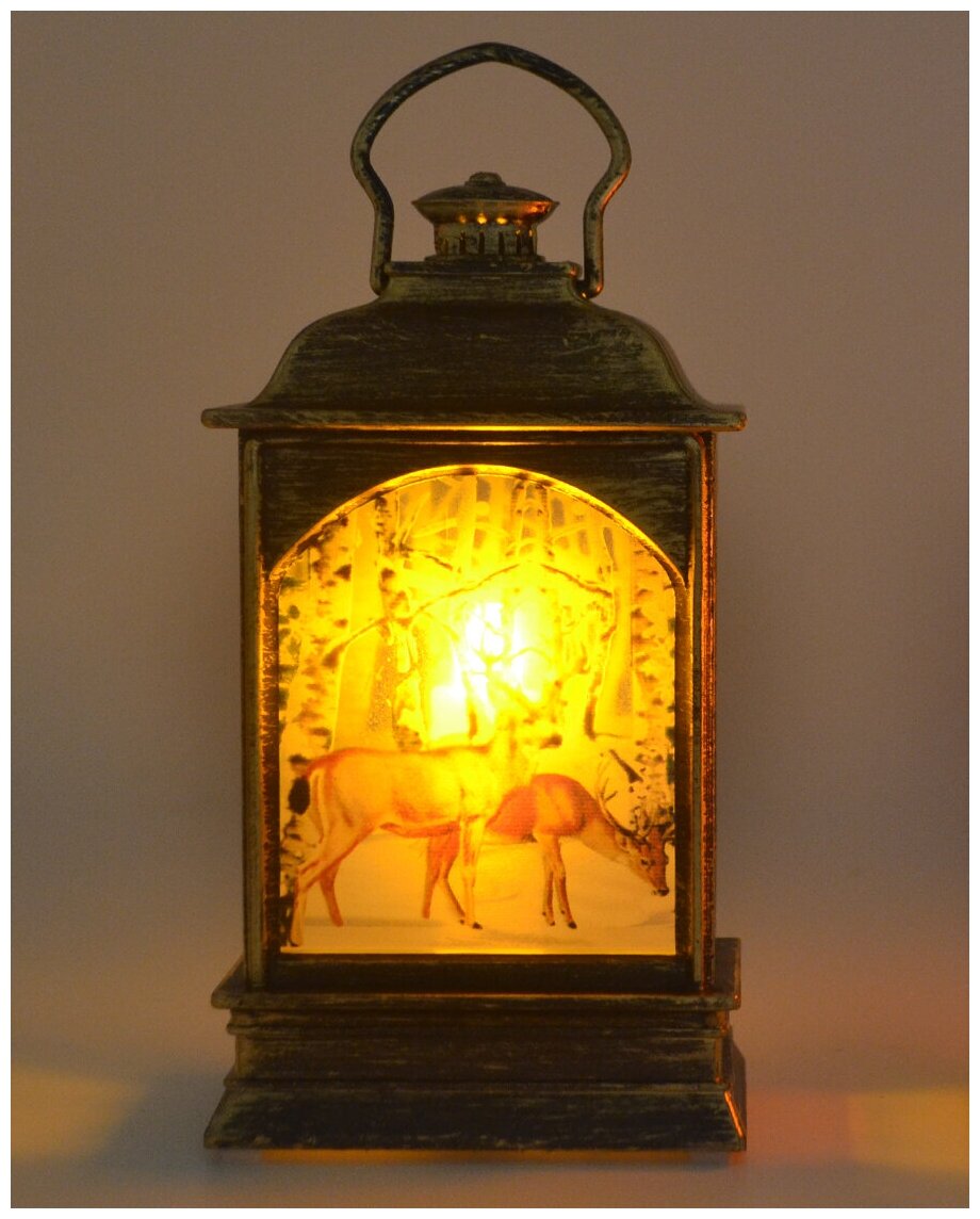 Елочное украшение новогодний фонарь с подсветкой "Семья в зимнем лесу" 12см