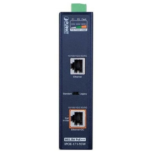 IP30, Industrial Single-Port 10/100/1000Mbps 802.3bt PoE++ Injector (95 Watts, PoH, Legacy mode support, PoE Usage LED, -40 to 75 C, 12V~48V DC power