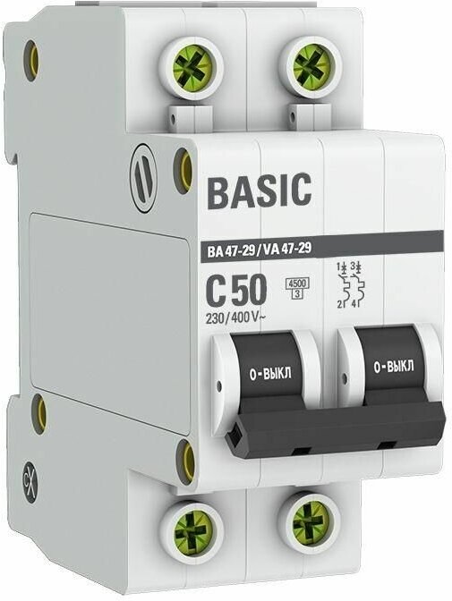 Выключатель автоматический модульный 2п C 50А 4.5кА ВА 47-29 Basic EKF mcb4729-2-50C