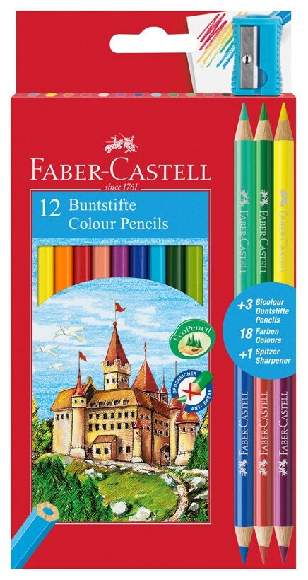 Карандаши цветные 18 цветов Faber-Castell "Замок" (L=175мм, D=7мм, d=3мм, 12+3шт, 6гр, точилка) картон (110312)