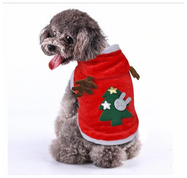 Кофта Новогодняя красная с капюшоном и рогами оленя для собак малых и ...