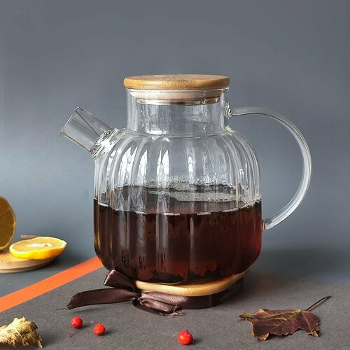 Чайник стеклянный заварочный 15л деревянная крышка ситечко Baizheng 638₽