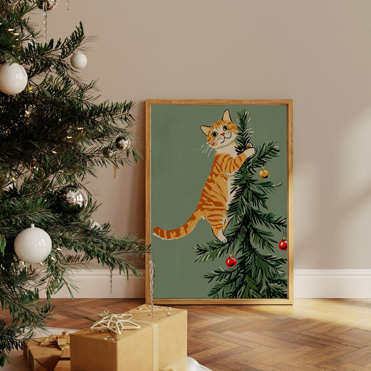 MISHKA POSTER Постер для интерьера "Котик на ёлке", А4 / Новогодний подарок — фото 1