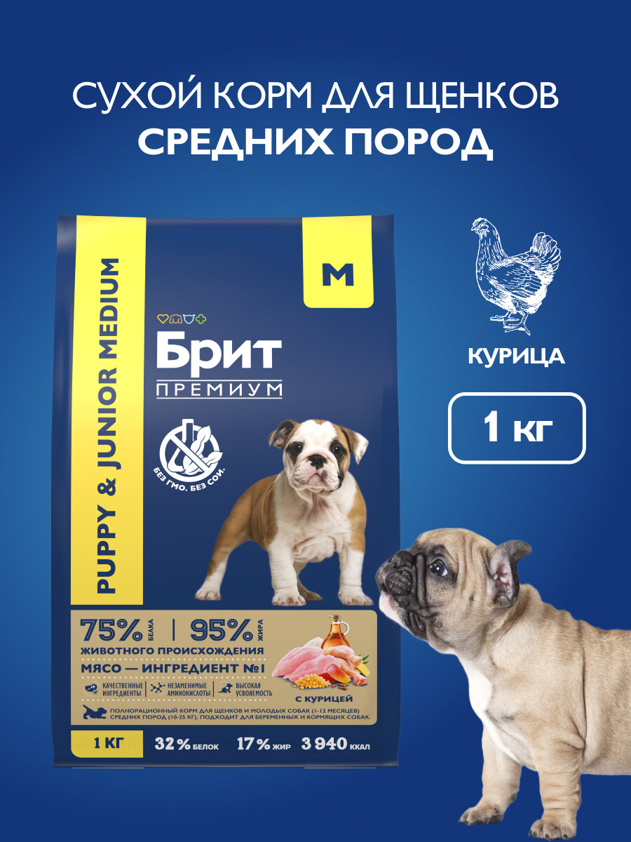 Сухой корм для щенков и молодых собак Brit Premium Puppy and Junior Medium с курицей 1 кг