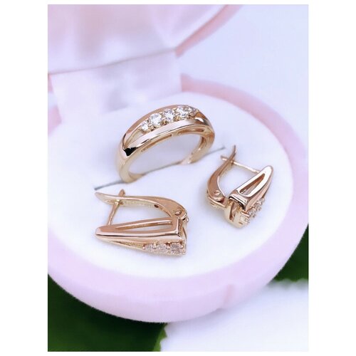 Комлпект бижутерии из дубайского золота КТ904 белые цирконы: серьги кольцо р.20