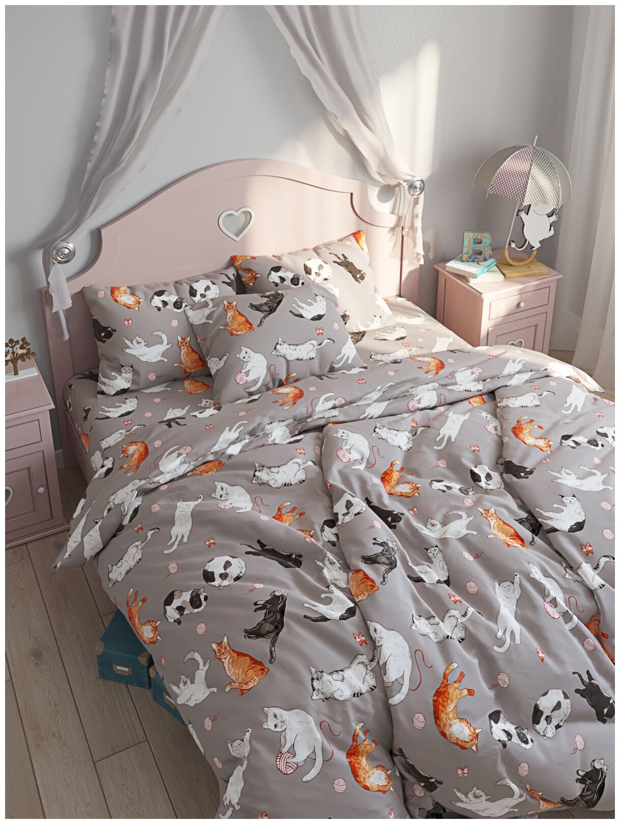 Постельное Белье Котики Котики "Kitties" 1,5-сп Наволочка 50х70 см 1 шт простынь на резинке 90х200 см пододеяльник 145х215