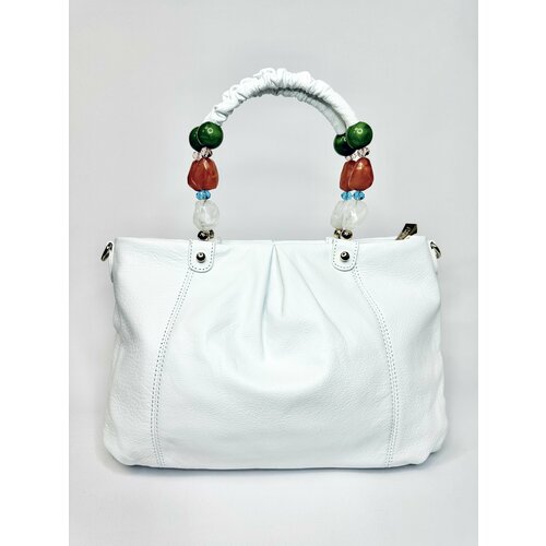 Женская белоснежная эксклюзивная сумка из мягкой натуральной кожи с ручками бусами collar richezza borsa