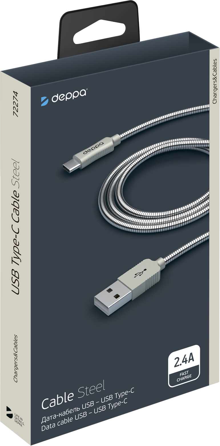 Дата-кабель Metal USB - Type-C, алюминий, 1.2м, стальной, Deppa 72274