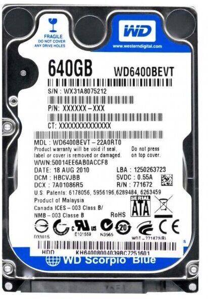 Жесткий диск Western Digital WD6400BEVT 640Gb 5400 SATAII 2,5" HDD