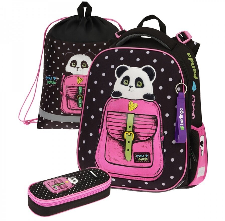 Ранец школьный Berlingo Expert Box "Cute panda" 38x29x16см, 2 отделения, анатомическая спинка, пенал и мешок для обуви в комплекте (RU09072)