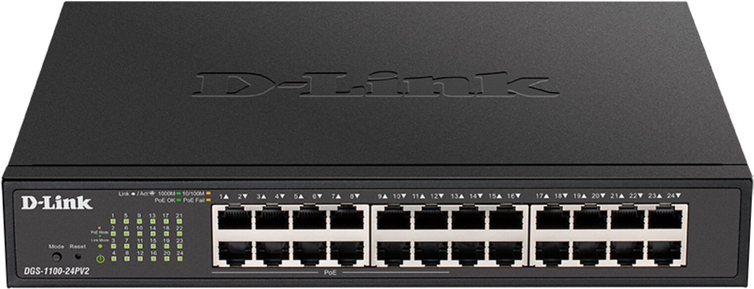 D-Link DGS-1100-24PV2/A3A, L2 Smart Switch with 24 10/100/1000Base-T ports (12 PoE ports 802.3af/802.3at (30 W), PoE Budget 100 W). 8K Mac address, 80