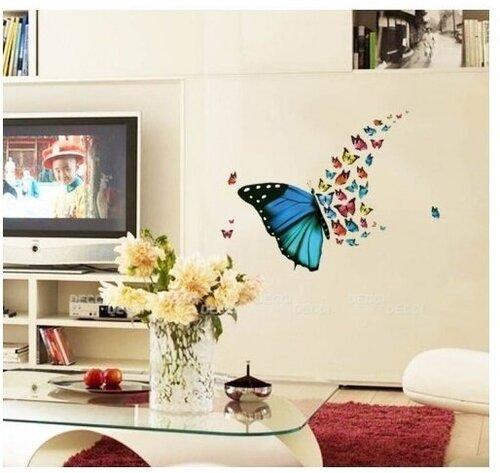 Наклейка на стену, мебель синие бабочки Размер композиции на стене 56*82 см. 40 бабочек разного размера.