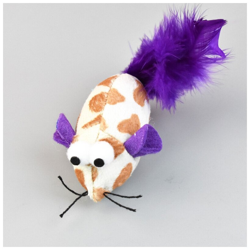 Игрушка для кошек "Мышка с перьями", фиолетовый, 15 см - фотография № 1