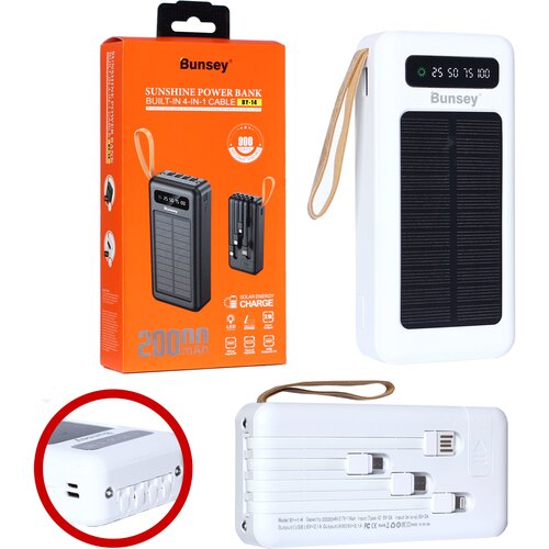Power bank Bunsey BY-14 20000mAh Type-CMicroLED DisplayLED-фонарикSolar Energy белый 169500₽