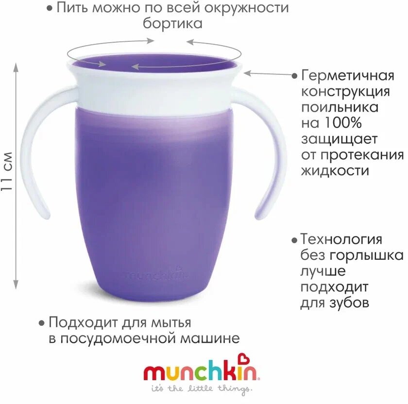 Munchkin поильник-непроливайка MIRACLE® 360° с ручками фиолетовый 207мл. 6+