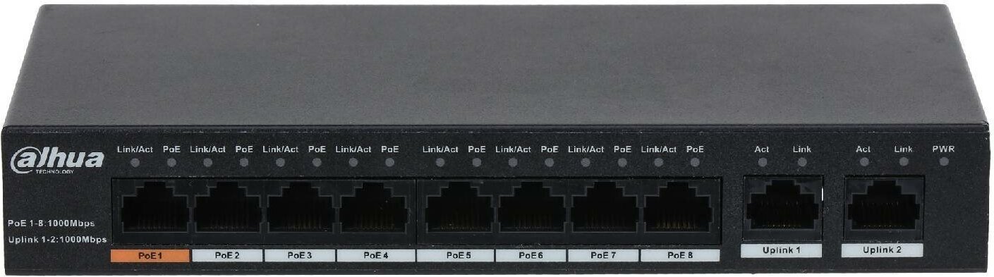 Коммутатор Dahua DH-PFS3010-8GT-96 10x1Гбит/с 7PoE+ 1PoE++ 96W неуправляемый