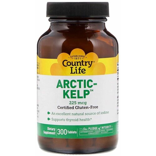 Country Life, Arctic-Kelp, Арктический йод, 225 мкг, 300 таблеток ламинария келп 90мг now порошок 227г для щитовидной железы иммунитета обмена веществ