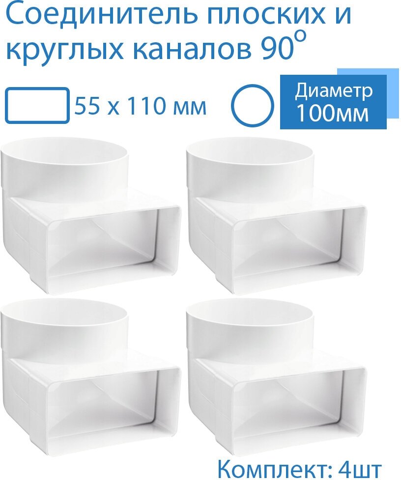 Колено угловое соединительное плоское круглое 55 х 110 мм / d 100 мм 4 шт 521-4 белый воздуховод ПВХ